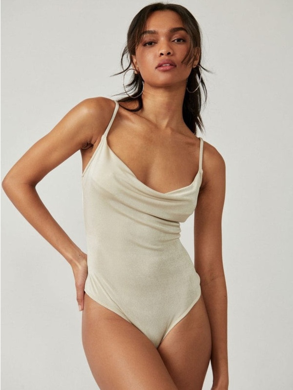 Free People Beige Cowl-Neck Knit Bodysuit
